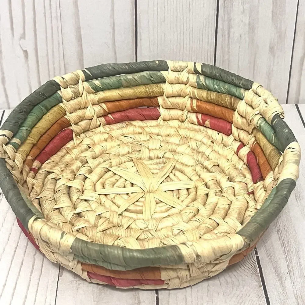 Vintage Handwoven Boho Colorful Straw Corn Husk Basket Rustic Farmhouse Decor